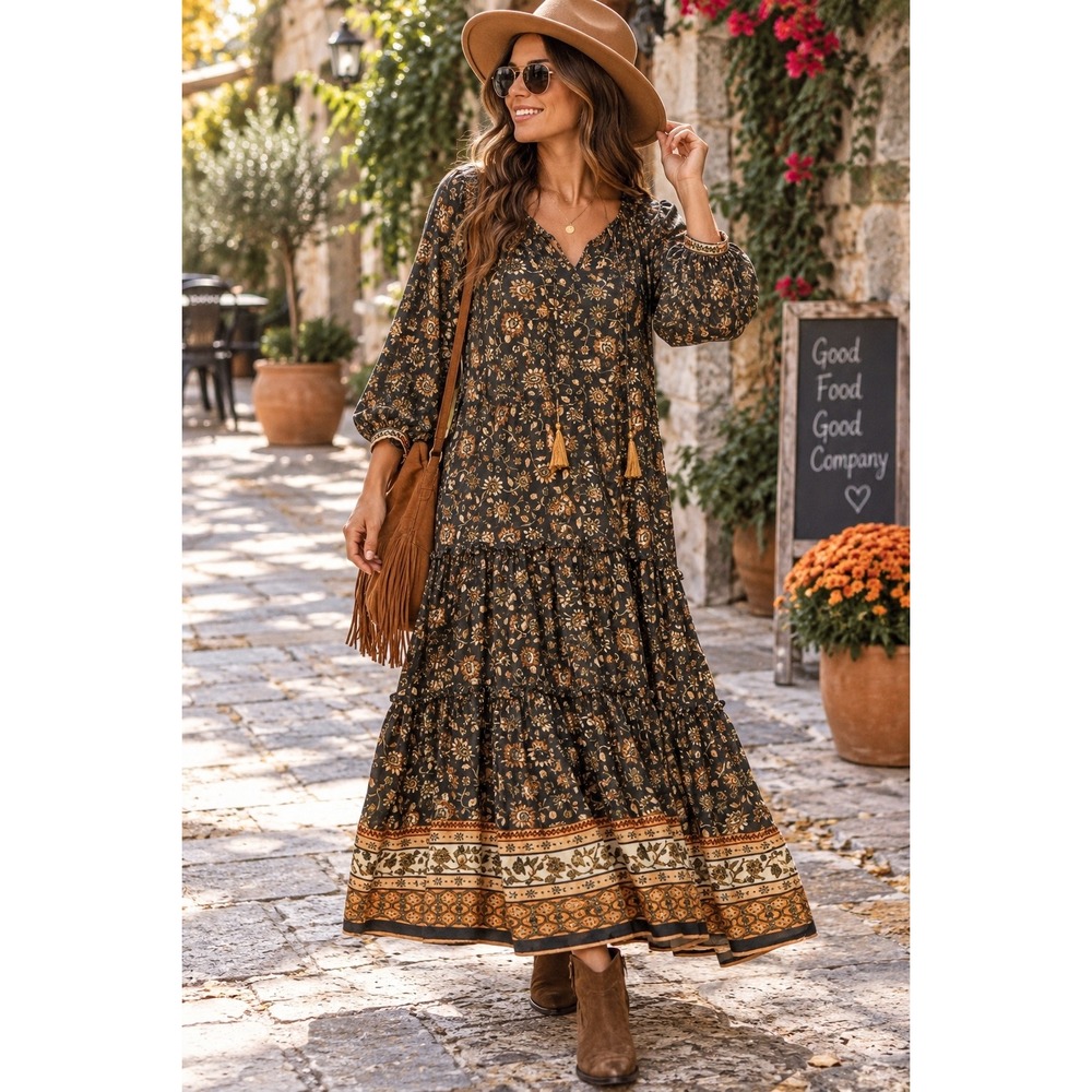 Natural Life Lula Maxi Dress Women Medium Black Floral Boho Tiered Excellent